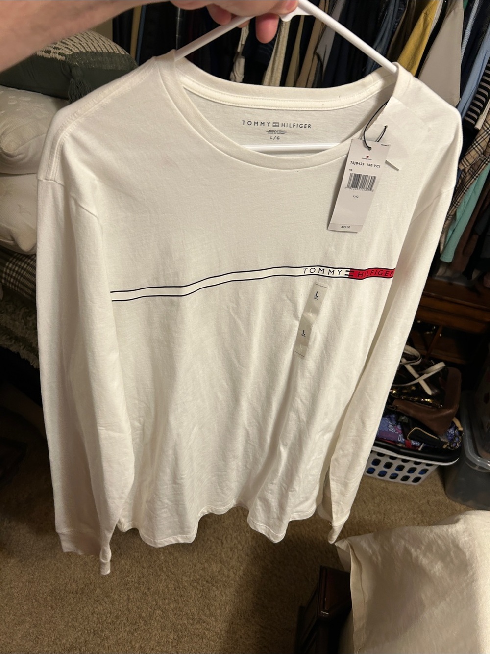 Tommy Hilfiger White Long-Sleeve Tee with Navy and Red Logo Stripe